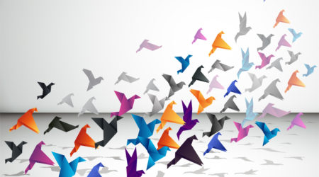 Origami birds in formation